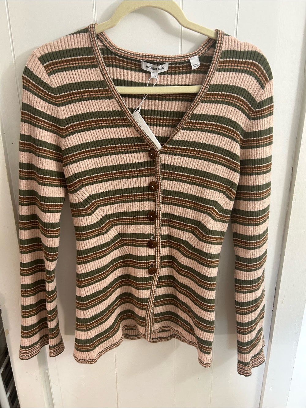 Veronica Beard Striped Ribbed Button-Front Cardigan - Pink, Olive, Brown